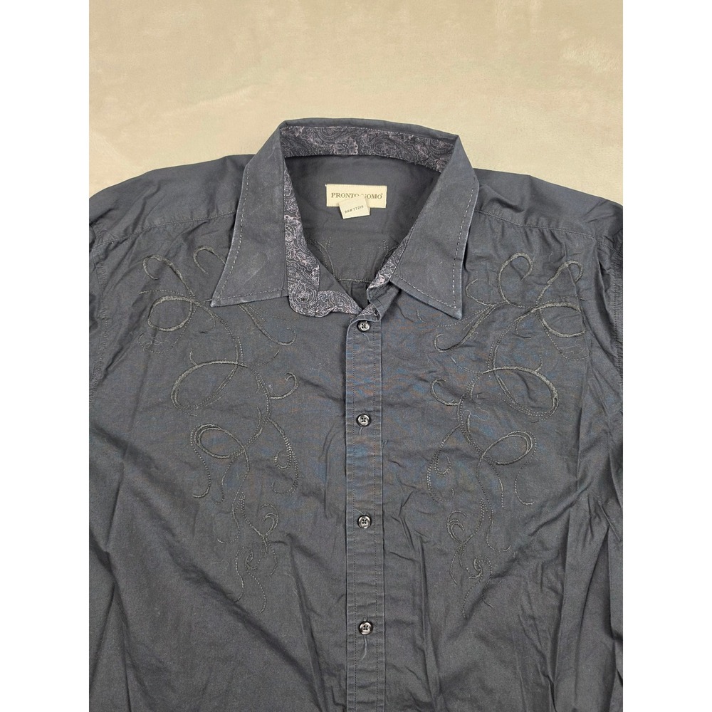 Pronto Uomo Button Down Shirt Men XXL Black Embroidered Paisley Trim Long Sleeve